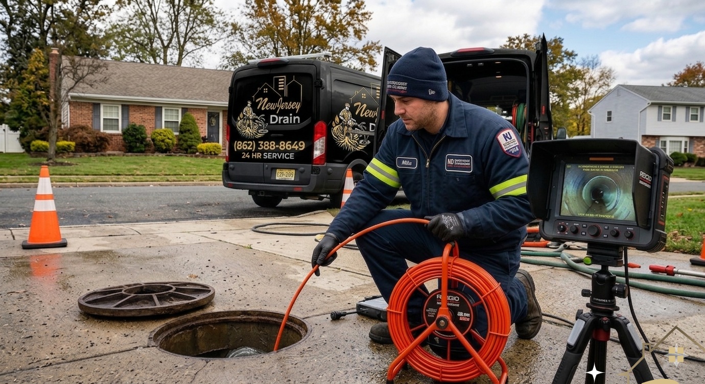 Emergency drain cleaning technician in New Jersey with sewer camera inspection equipment