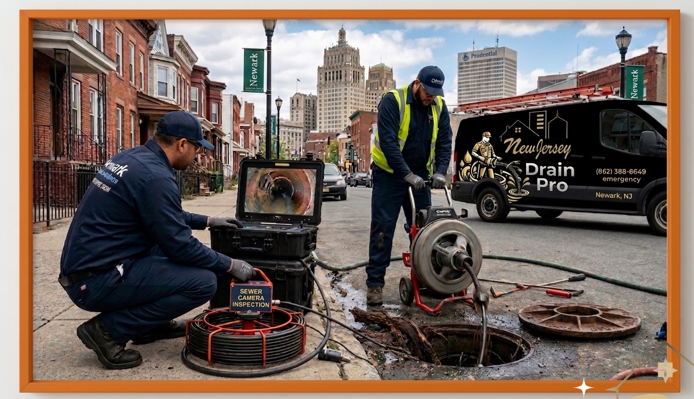 New Jersey drain pro technician performing HD sewer camera inspection on residential drain line