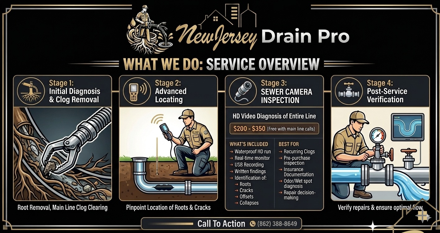 New Jersey Drain Pro service truck and technician providing drain and sewer services across all NJ counties