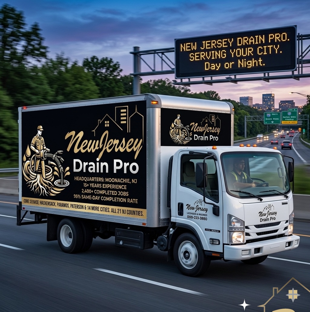 Service Areas: Drain & sewer services — New Jersey Drain Pro truck dispatching to all NJ counties 24/7