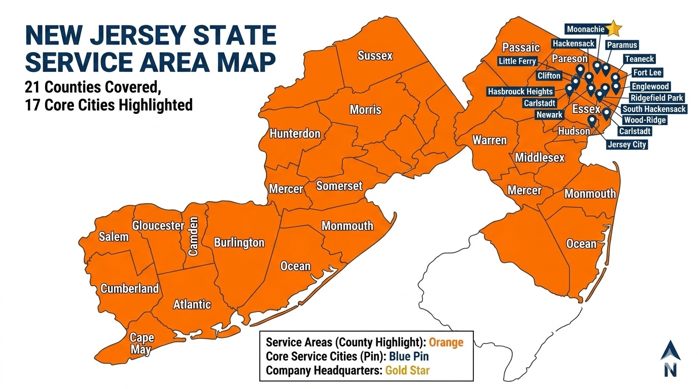 Drain & sewer services coverage map — all 21 NJ counties served by New Jersey Drain Pro